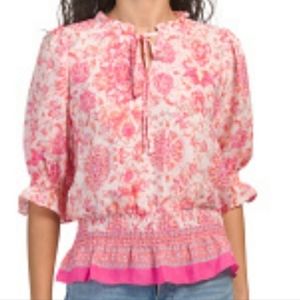 RACHEL ZOE Pink Puff Floral Sheer Blouse Gathered at Waist Ruffle Hem Size Small